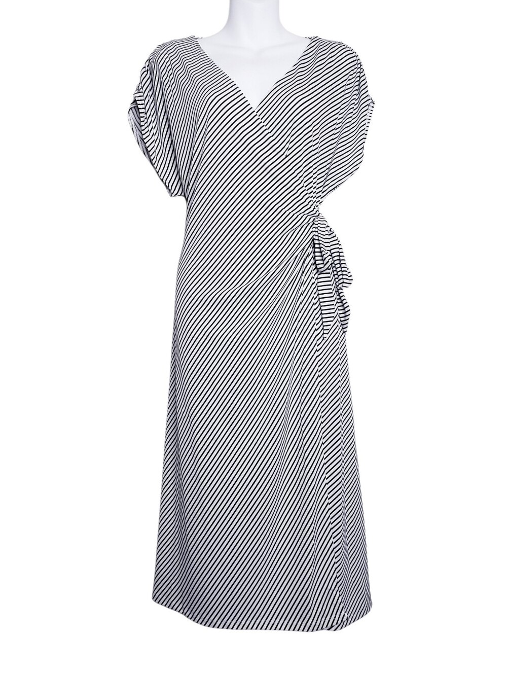 H&M Black & White Striped V-Neck Jersey Wrap Dress Women's Size Medium NWT